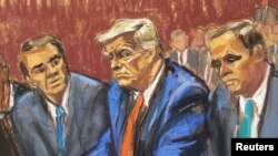 Dibujo de Donald Trump de la comparencia del exmandatario ante la justicia de Estados Unidos por el caso de mal manejo de documentos clasificados.