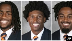 Los tres estudiantes, y jugadores de fútbol américano asesinados en la Universidad de Virginia, en Charlottesville, el 13 de noviembre de 2022. De izquierda a derecha: Devin Chandler, Lavel Davis Jr. y D'Sean Perry.