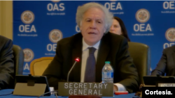 El secretario general de la OEA, Luis Almagro, durante la sesión extraordinaria celebrada este miércoles para abordar la situación en Perú. [Foto: Cortesía/OEA]