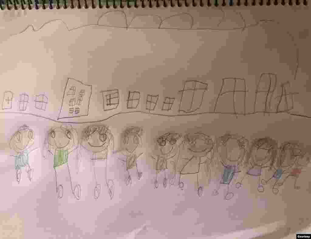 Alexandra Padrón, de 5 años, refleja en su dibujo que desea ver de nuevo a su ciudad unida, donde todos sus habitantes puedan estar en las calles como estaban antes.