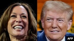 La vicepresidenta de EEUU y candidata presidencial demócrata Kamala Harris en Erie, Pensilvania, el 14 de octubre de 2024 y al expresidente estadounidense y candidato presidencial republicano Donald Trump en Cumming, Georgia, el 15 de octubre de 2024.