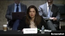 国务院负责民事安全、民主和人权事务的副国务卿泽雅（Uzra Zeya）2022年6月15日出席美国国会暨行政当局中国委员会（CECC）听证会。(听证会视频截图)