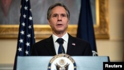 美国国务卿安东尼·布林肯2021年3月3日在国务院就拜登政府的外交优先议题发表讲话。