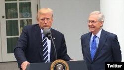El presidente de Estados Unidos, Donald Trump y el líder de la mayoría del Senado, Mitch McConnell, hablan con reporteros en la Casa Blanca. Oct. 16, 2017. Foto: Steve Herman, VOA.