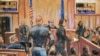 El juez Juan Merchán preside la sala, el expresidente estadounidense Donald Trump (der.) se sienta junto a su abogado Emil Bove durante la selección del jurado de su juicio en la ciudad de Nueva York, el 19 de abril de 2024 en este boceto de la sala del tribunal. 