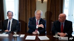 El senador republicano Pat Toomey, (izq.), y el representante Kevin Brady, republicano por Texas (der.), con el presidente Donald Trump durante una reunión con legisladores sobre política comercial en la sala del gabinete de la Casa Blanca, martes, febrero . 13, 2018, en Washington. (AP Photo / Evan Vucci)