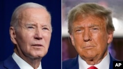 En esta combinación de fotografías, el presidente Joe Biden, a la izquierda, habla el 10 de agosto de 2023 en Salt Lake City, y el expresidente Donald Trump habla el 13 de junio de 2023 en Bedminster, Nueva Jersey.