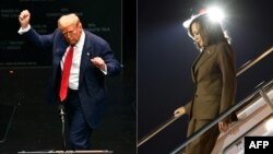 El expresidente de EEUU y candidato presidencial republicano Donald Trump en un mitin de campaña en Savannah, Georgia, el 24 de septiembre de 2024 y a la vicepresidenta de EEUU y candidata presidencial demócrata Kamala Harris en Las Vegas, Nevada, el 29 de septiembre de 2024. 