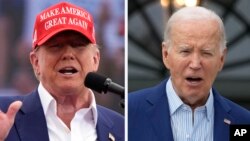 En esta composición fotográfica el candidato presidencial republicano, el expresidente Donald Trump, (izq), habla en un mitin de campaña en Las Vegas, el 9 de junio de 2024, y el presidente Joe Biden habla en la Casa Blanca en Washington, el 4 de junio de 2024.