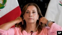 ARCHIVO - La presidenta de Perú, Dina Boluarte, se acomoda el collar durante una conferencia de prensa el 5 de abril de 2024, en el Palacio de Gobierno en Lima. 