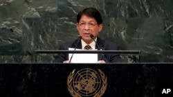 El canciller de Nicaragua, Denis Moncada Colindres, se dirige a la 73ª sesión de la Asamblea General de las Naciones Unidas, en la sede de la ONU, el lunes 1 de octubre de 2018. (Foto AP/Richard Drew)