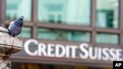 En esta fotografía de archivo del martes 27 de octubre de 2009, una paloma descansa cerca de un edificio que alberga las oficinas del banco Credit Suisse en Milán, Italia.