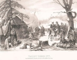 El general Washington y Lafayette visitando soldados enfermos en Valley Forge, en 1777. Pintado y dibujado por A. Gibert. (Biblioteca del Congreso)